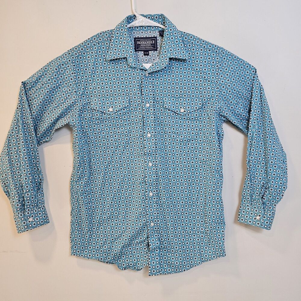 PANHANDLE Rough Stock Youth Size XL/18 Turquoise Print Pearl-Snap Western Shirt